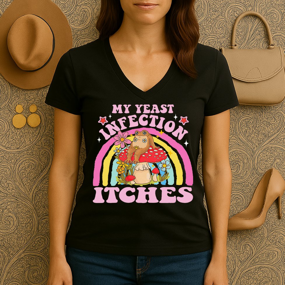 My Yeast Infection Itches Funny Mushroom Frog Meme Humor Women's V-Neck T-Shirt