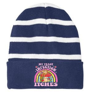 My Yeast Infection Itches Funny Mushroom Frog Meme Humor Striped Beanie with Solid Band