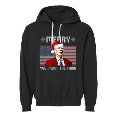 Merry You Know The Thing Christmas Biden Santa American Flag Garment-Dyed Fleece Hoodie