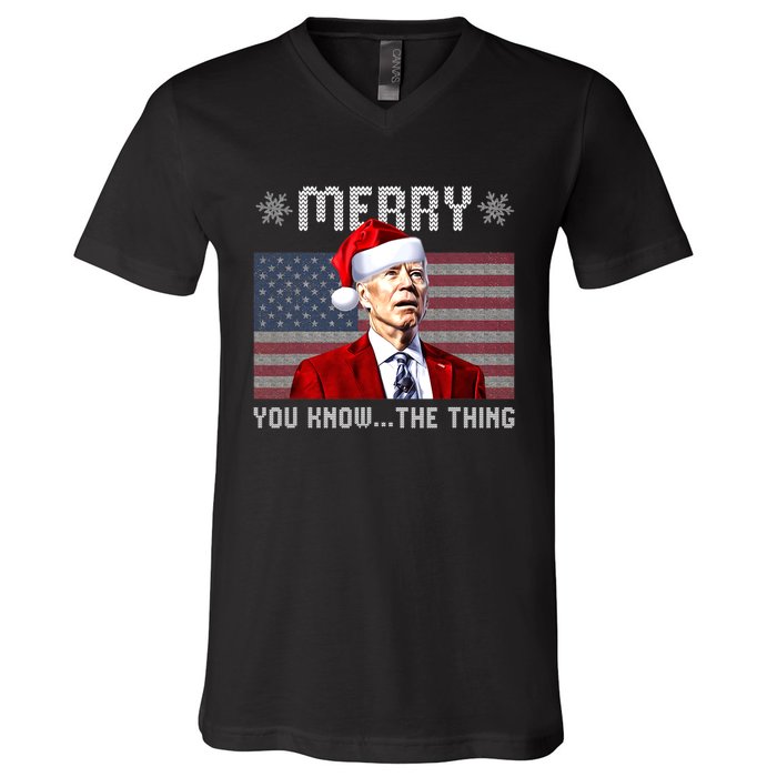 Merry You Know The Thing Christmas Biden Santa American Flag V-Neck T-Shirt