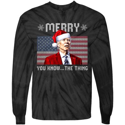 Merry You Know The Thing Christmas Biden Santa American Flag Tie-Dye Long Sleeve Shirt