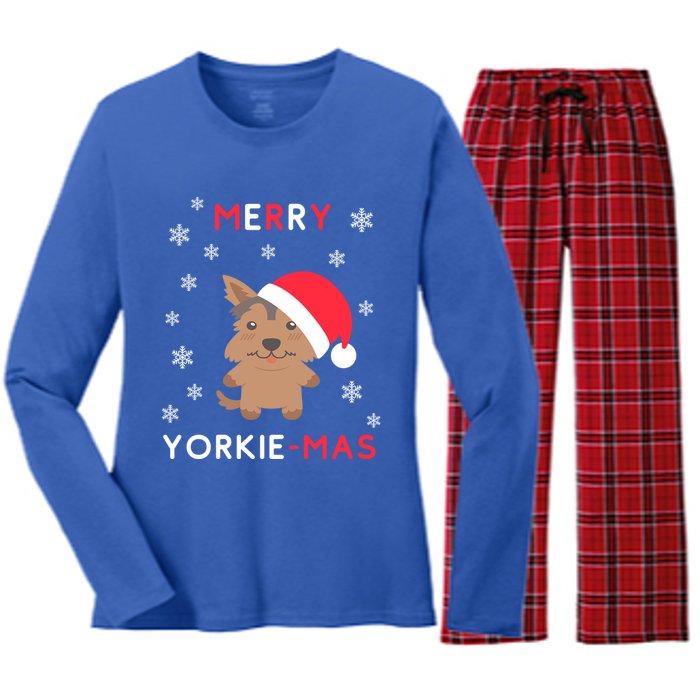 Merry Yorkie Mas Funny Christmas Yorkshire Terrier Xmas Gift Women's Long Sleeve Flannel Pajama Set 