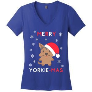 Merry Yorkie Mas Funny Christmas Yorkshire Terrier Xmas Gift Women's V-Neck T-Shirt