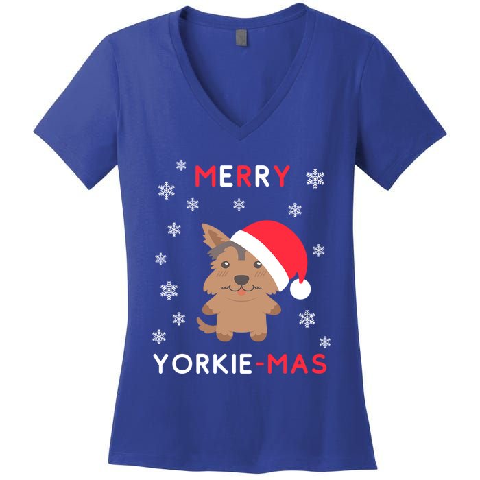 Merry Yorkie Mas Funny Christmas Yorkshire Terrier Xmas Gift Women's V-Neck T-Shirt