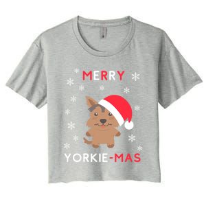 Merry Yorkie Mas Funny Christmas Yorkshire Terrier Xmas Gift Women's Crop Top Tee