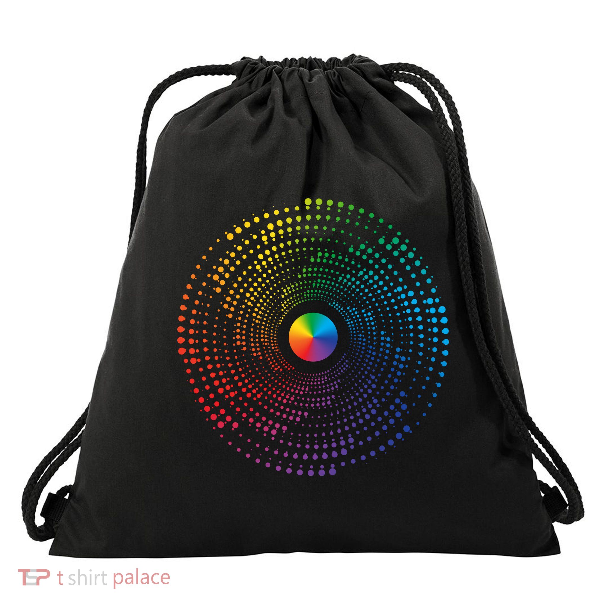 Make Your Mark International Dot Day Rainbow Polka Dot Swirl Drawstring Bag