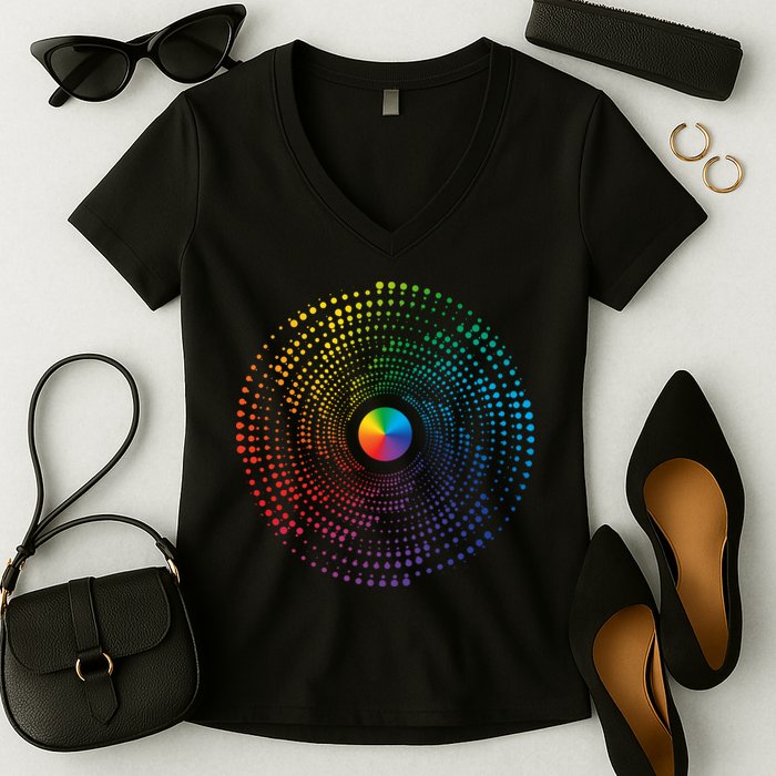 Make Your Mark International Dot Day Rainbow Polka Dot Swirl Women's V-Neck T-Shirt