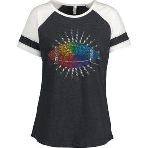 Make Your Mark International Dot Day Rainbow Football Enza Ladies Jersey Colorblock Tee