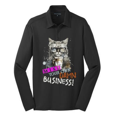 Mind Your Own Damn Business Cat Lady Silk Touch Performance Long Sleeve Polo