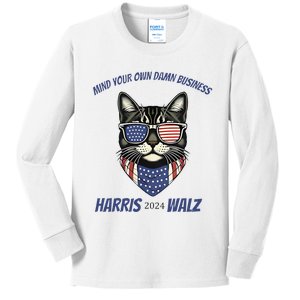 Mind Your Own Damn Business Patriotic Cat Funny Harris Walz Kids Long Sleeve Shirt