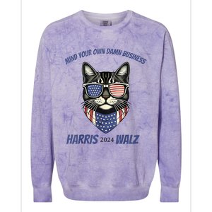 Mind Your Own Damn Business Patriotic Cat Funny Harris Walz Colorblast Crewneck Sweatshirt