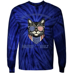 Mind Your Own Damn Business Patriotic Cat Funny Harris Walz Tie-Dye Long Sleeve Shirt