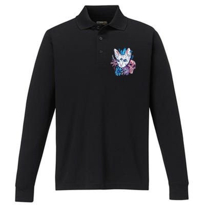 Mystic Cat Skull Floral Performance Long Sleeve Polo