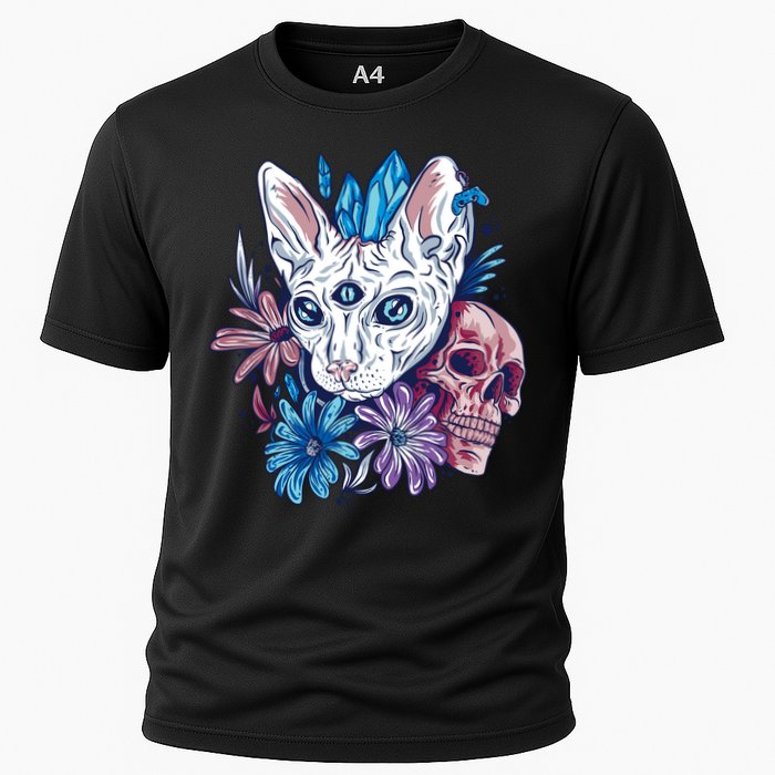 Mystic Cat Skull Floral Cooling Performance Crew T-Shirt