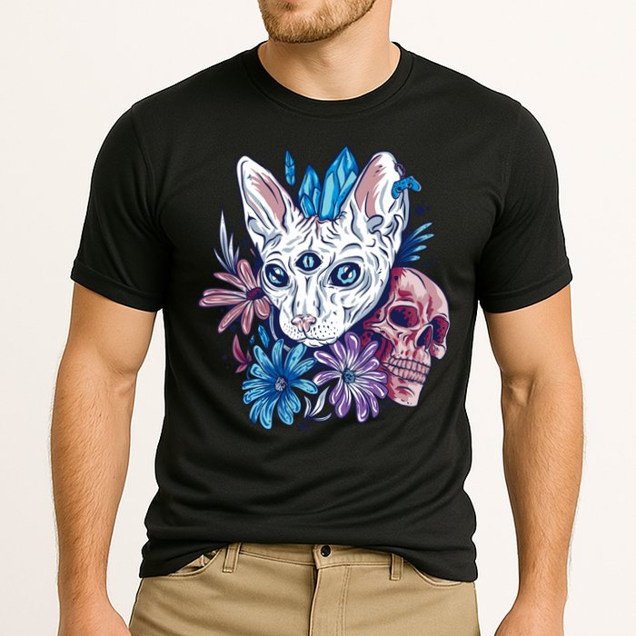 Mystic Cat Skull Floral Cooling Performance Crew T-Shirt