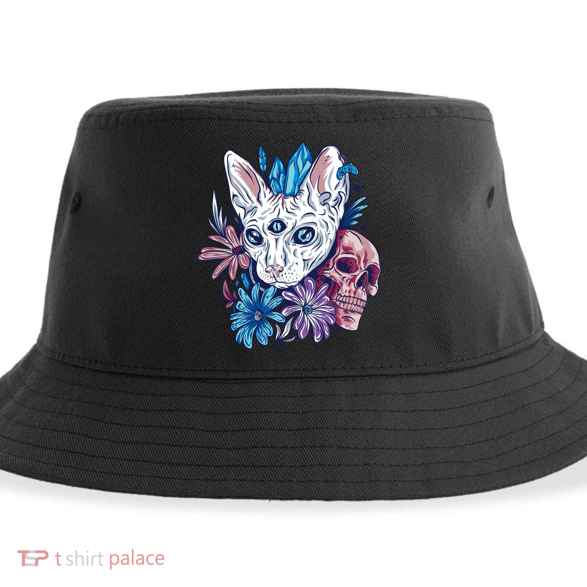 Mystic Cat Skull Floral Sustainable Bucket Hat