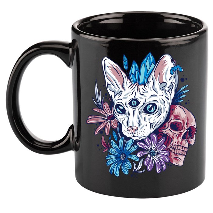 Mystic Cat Skull Floral 11oz C Handle Ceramic Mug