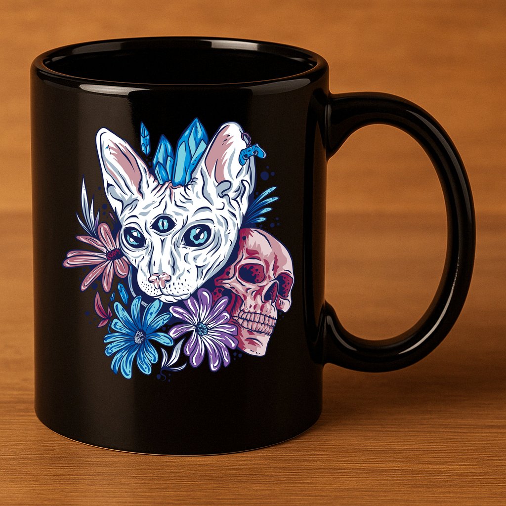 Mystic Cat Skull Floral 11oz C Handle Ceramic Mug