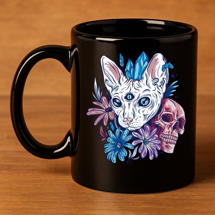 Mystic Cat Skull Floral 11oz C Handle Ceramic Mug