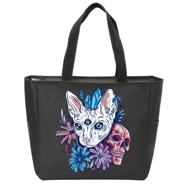 Mystic Cat Skull Floral Zip Tote Bag