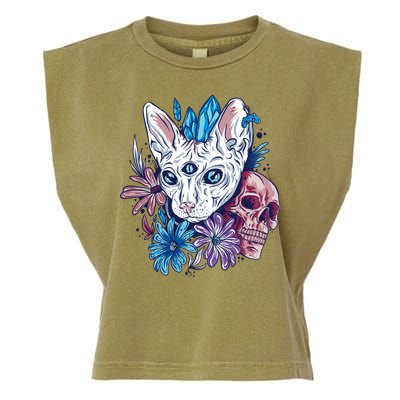 Mystic Cat Skull Floral Garment-Dyed Women's Muscle Tee
