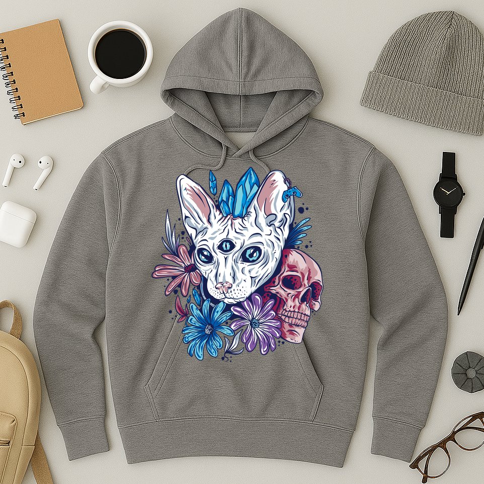 Mystic Cat Skull Floral Hoodie