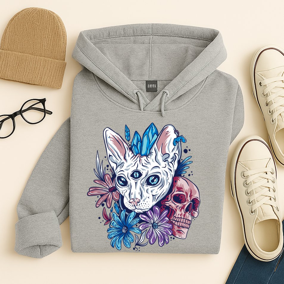 Mystic Cat Skull Floral Hoodie
