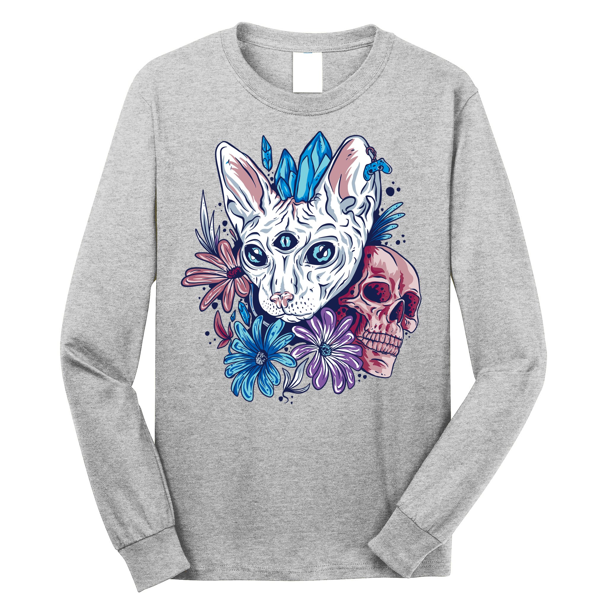 Mystic Cat Skull Floral Long Sleeve Shirt