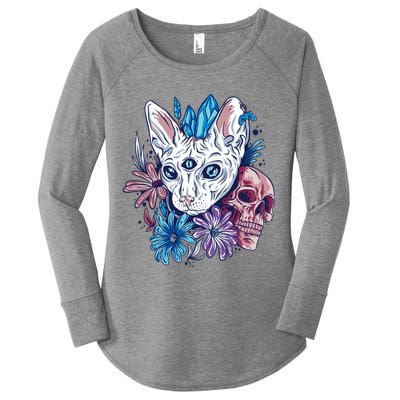 Mystic Cat Skull Floral Women's Perfect Tri Tunic Long Sleeve Shirt