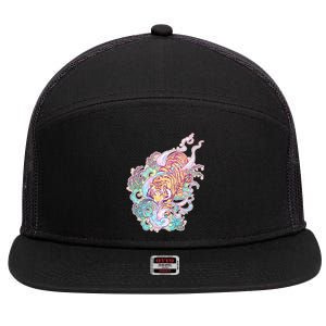 Mystical Tiger Tattoo Design 7 Panel Mesh Trucker Snapback Hat