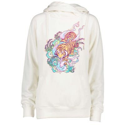 Mystical Tiger Tattoo Design Womens Funnel Neck Pullover Hood