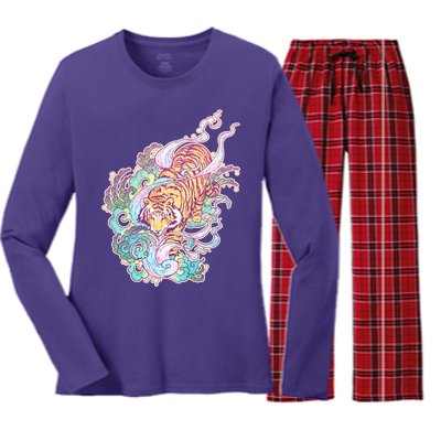 Mystical Tiger Tattoo Design Women's Long Sleeve Flannel Pajama Set 