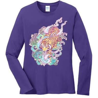 Mystical Tiger Tattoo Design Ladies Long Sleeve Shirt