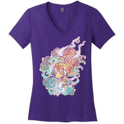 Mystical Tiger Tattoo Design Women's V-Neck T-Shirt