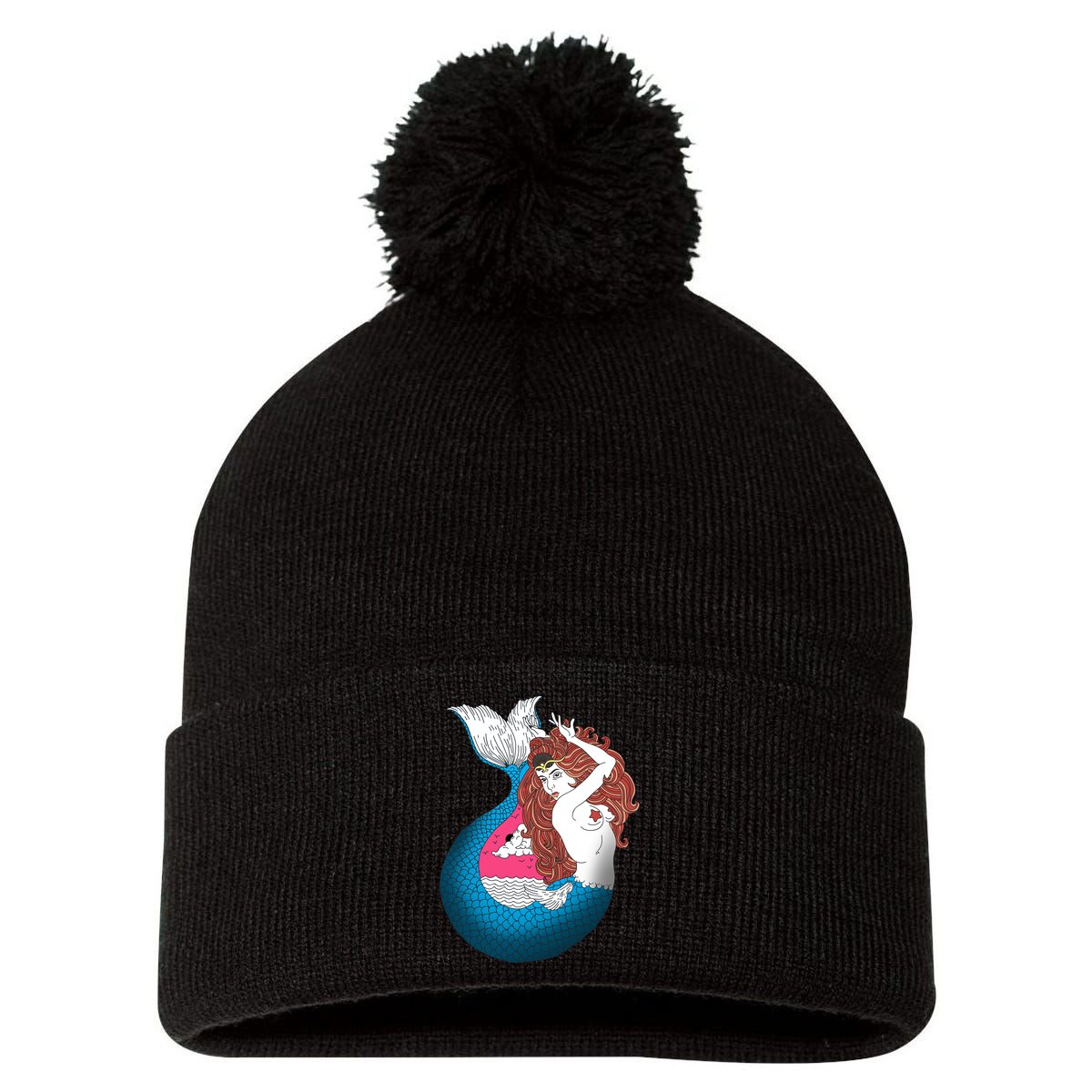 Mythical Abstract Mermaid Pom Pom 12in Knit Beanie