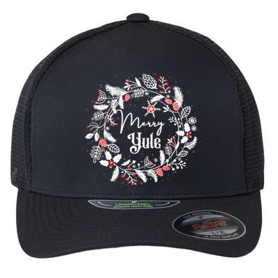 Merry Yule Winter Solstice Vintage Wreath Christmas Vibes Flexfit Unipanel Trucker Cap