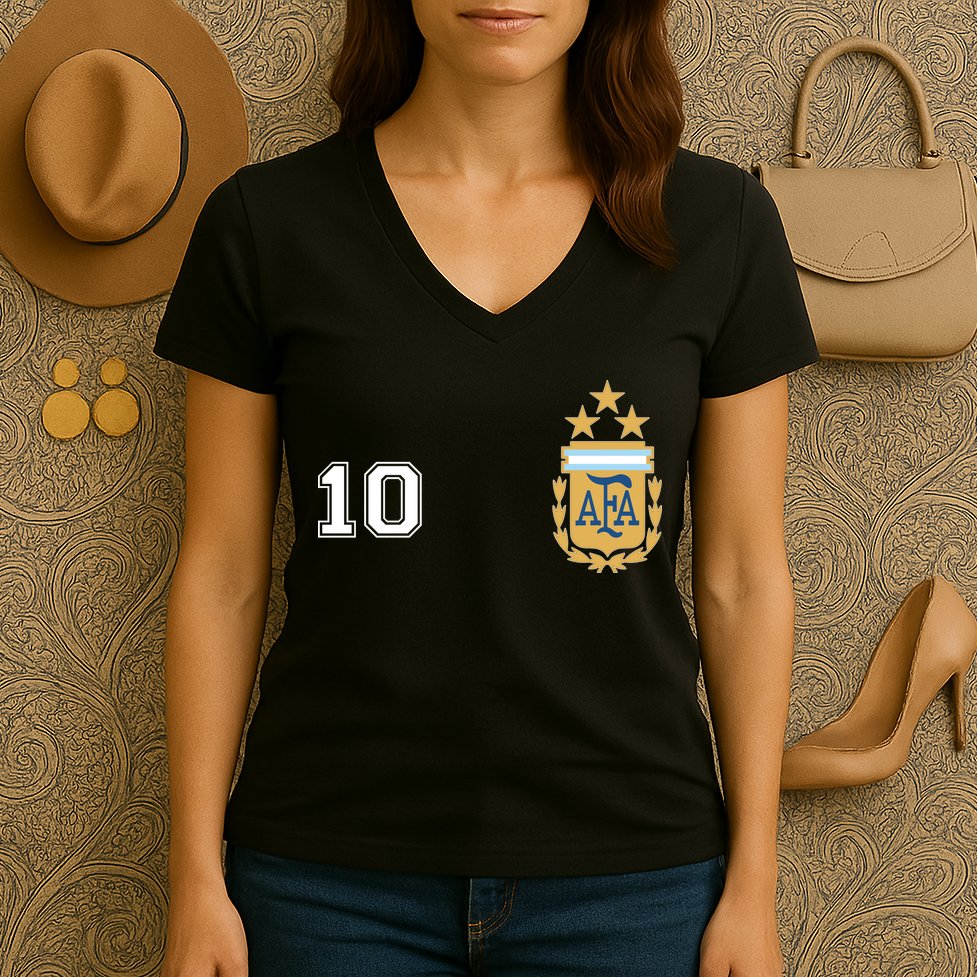 Number 10 Argentina Soccer Jersey Argentinian Football 3 Star Logo Women's V-Neck T-Shirt
