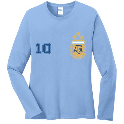 Number 10 Argentina Soccer Jersey Argentinian Football 3 Star Logo Ladies Long Sleeve Shirt