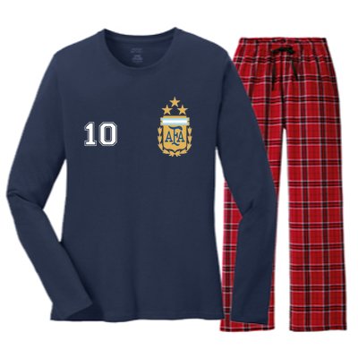 Number 10 Argentina Soccer Jersey Argentinian Football 3 Star Logo Women's Long Sleeve Flannel Pajama Set 