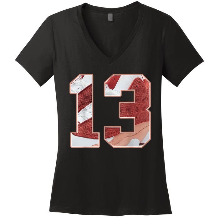 Number 13 Dune Red 13s Matching Women's V-Neck T-Shirt