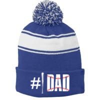 Number 1 Dad Baseball Dad Daddy Sports Player Fathers Day Funny Gift Stripe Pom Pom Beanie