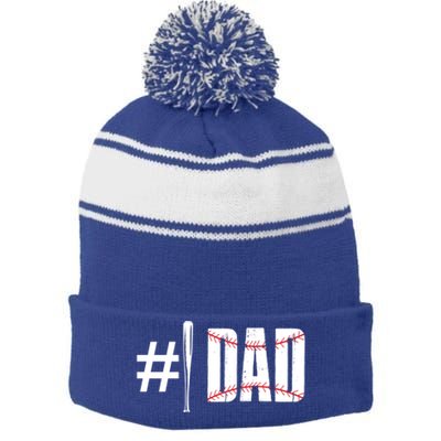 Number 1 Dad Baseball Dad Daddy Sports Player Fathers Day Funny Gift Stripe Pom Pom Beanie