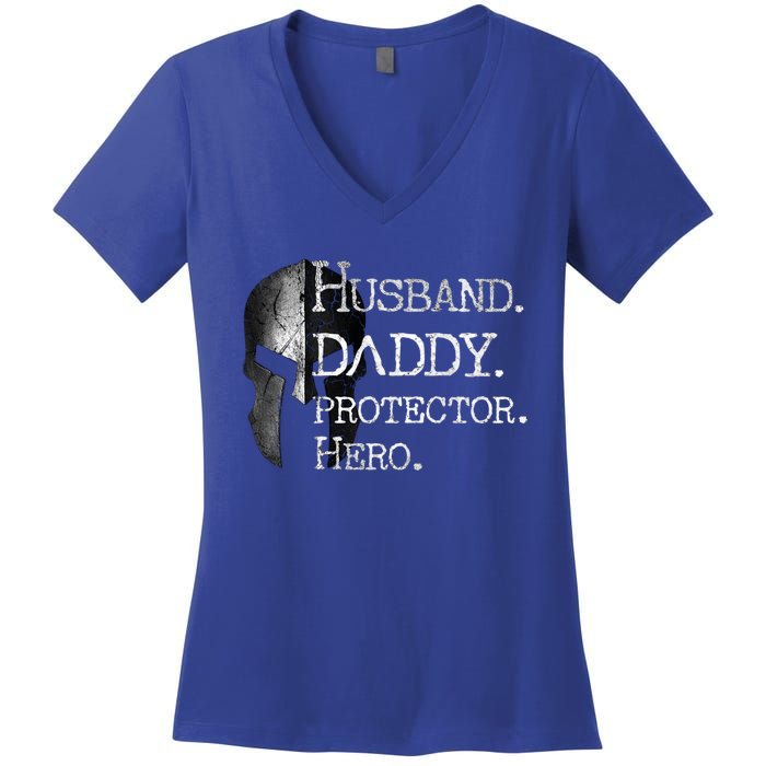 Number 1 Dad Husband Daddy Protector Hero Funny Gift Women's V-Neck T-Shirt