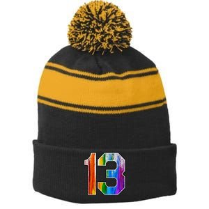 Number 13 Rainbow Pride Powder Tie Dye Flag Sports Fan Wear Stripe Pom Pom Beanie