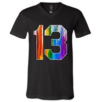 Number 13 Rainbow Pride Powder Tie Dye Flag Sports Fan Wear V-Neck T-Shirt