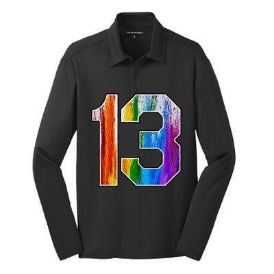 Number 13 Rainbow Pride Powder Tie Dye Flag Sports Fan Wear Silk Touch Performance Long Sleeve Polo