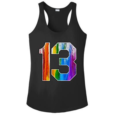 Number 13 Rainbow Pride Powder Tie Dye Flag Sports Fan Wear Ladies PosiCharge Competitor Racerback Tank