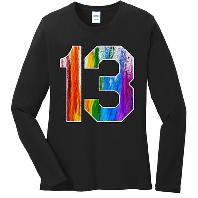 Number 13 Rainbow Pride Powder Tie Dye Flag Sports Fan Wear Ladies Long Sleeve Shirt