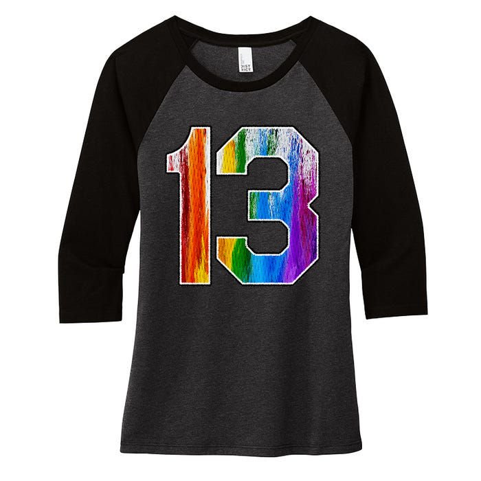 Number 13 Rainbow Pride Powder Tie Dye Flag Sports Fan Wear Women's Tri-Blend 3/4-Sleeve Raglan Shirt