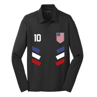 Number 10 USA Soccer American Flag Football Jersey Silk Touch Performance Long Sleeve Polo